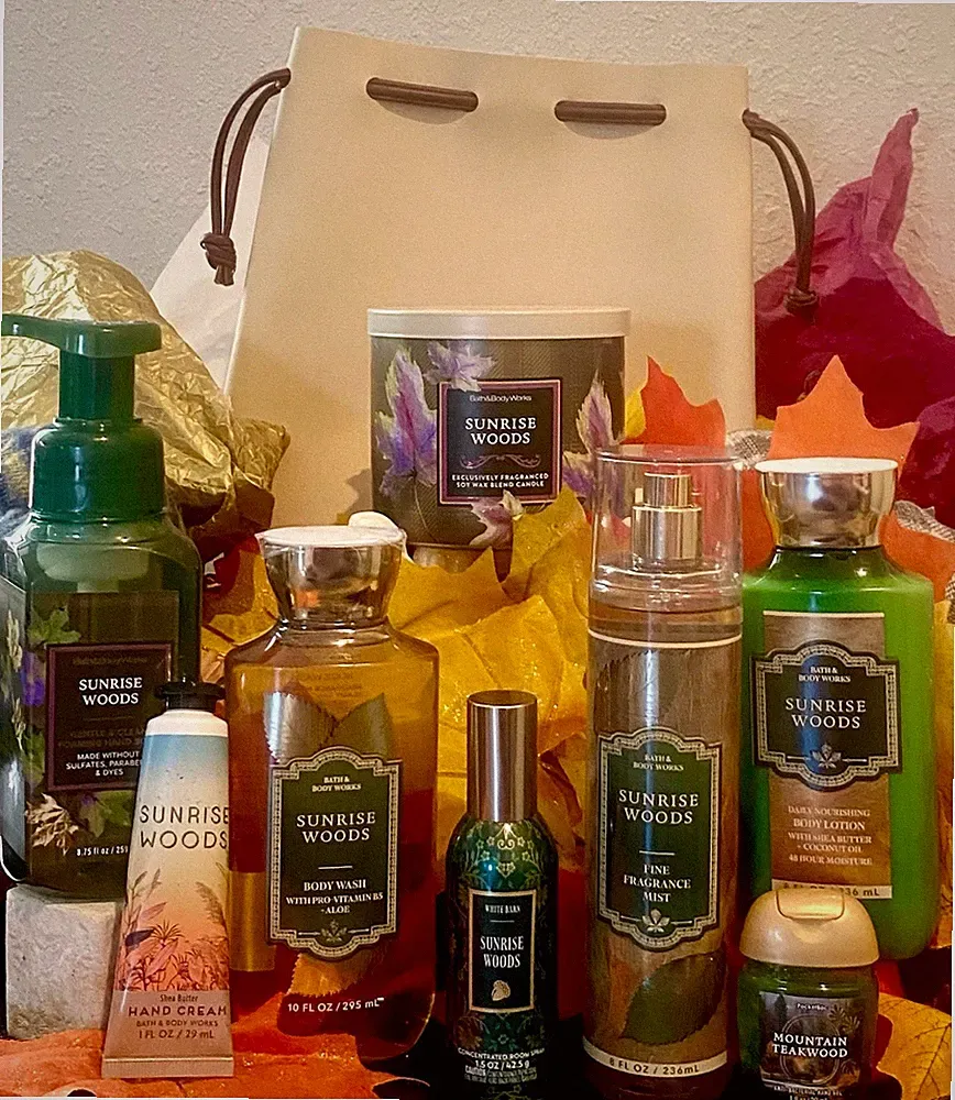 New 9 Pc Set SUNRISE WOODS Bath & Body Works w/ 3 Wick Candle & Gift Bag HTF!