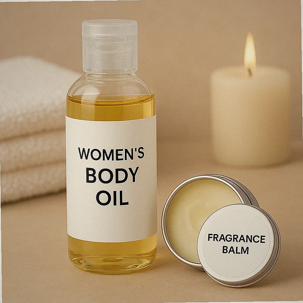Women’s Floral Scented Body Oil Set – Bath & Body Oil -Shower Glow + Solid Balm